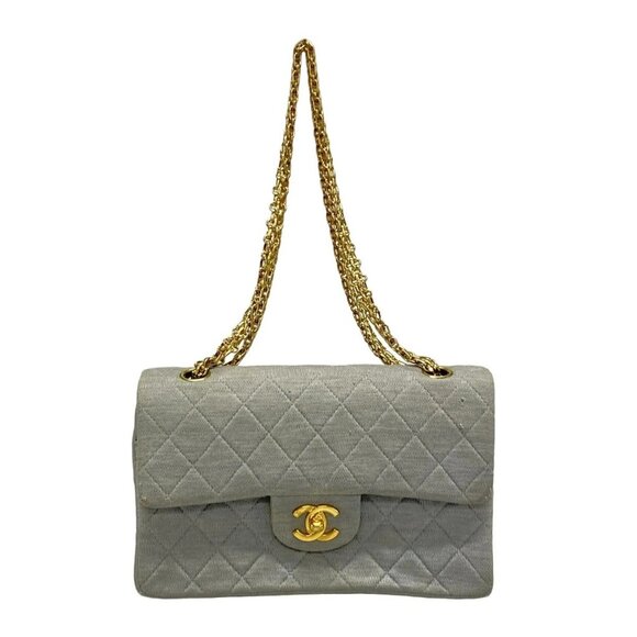 Auth CHANEL Double Flap Matelasse - Light Blue Cotton Jersey Shoulder Bag - Picture 1 of 16